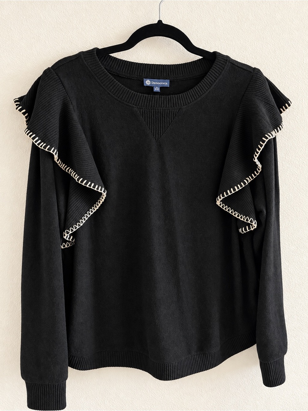 Democracy Black Sweatshirt with Cream Whipstitch Ruffle